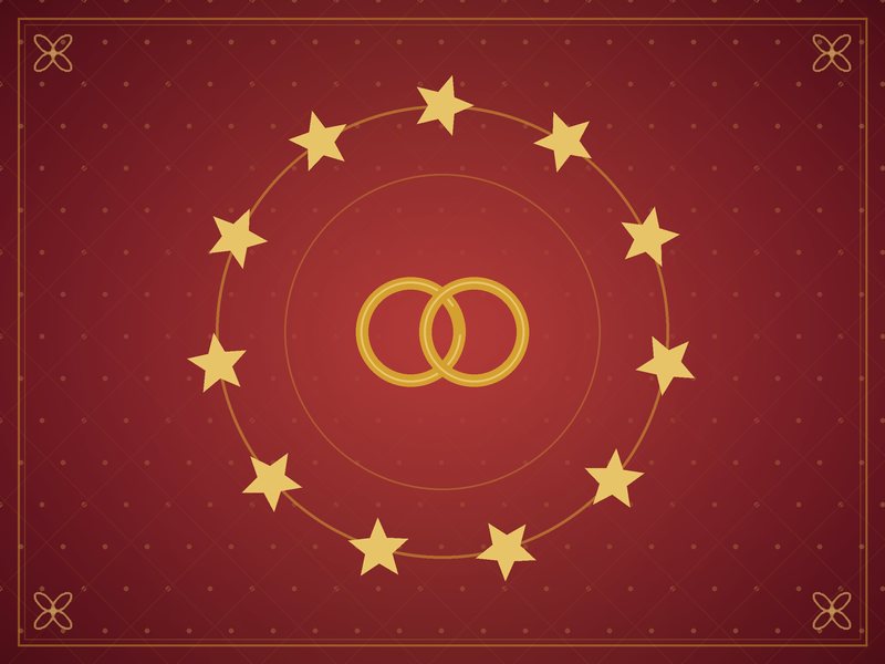 Illustration of eleven golden stars arranged in a circle, in red and gold