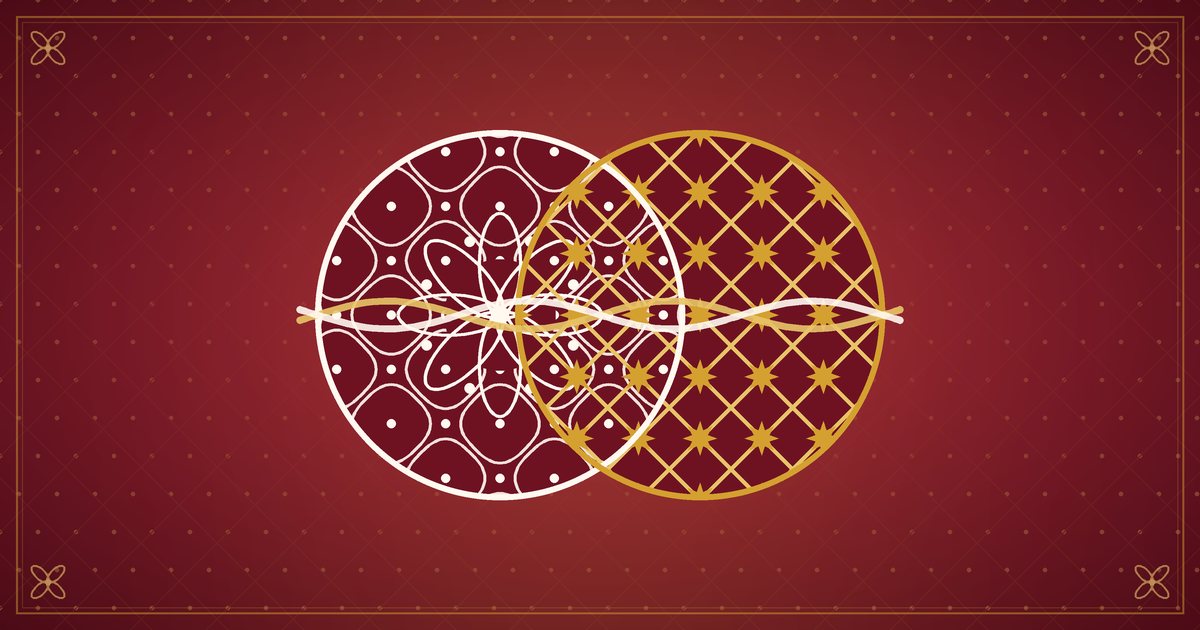 Illustration of two different decorative patterns, a kolam and a lattice, weaving together, in red and gold