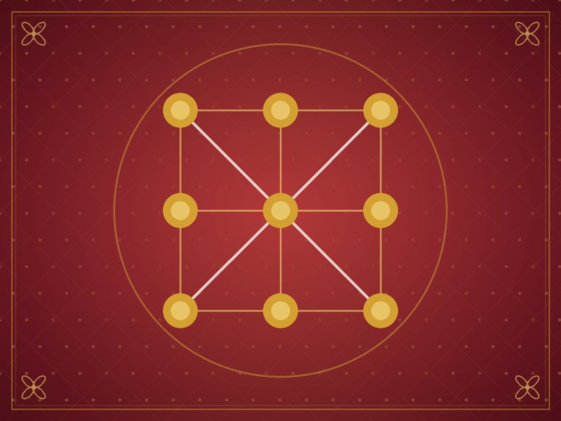 Illustration of a three-by-three grid of golden dots joined by fine lines, in red and gold