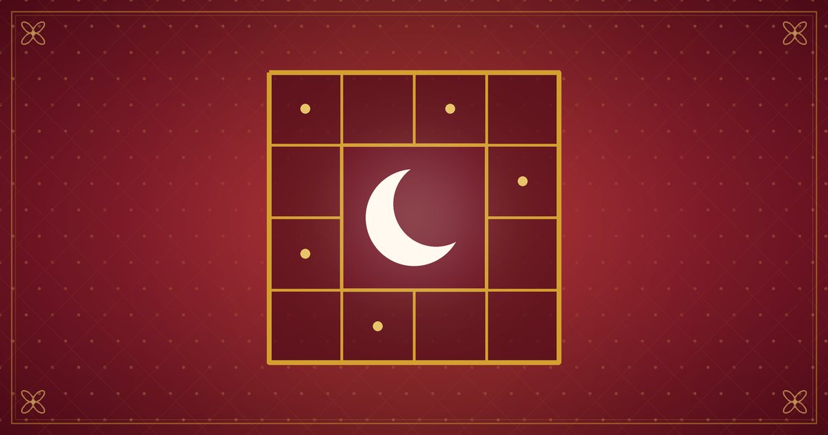 Illustration of a twelve-box square chart with a crescent moon at its centre, in red and gold